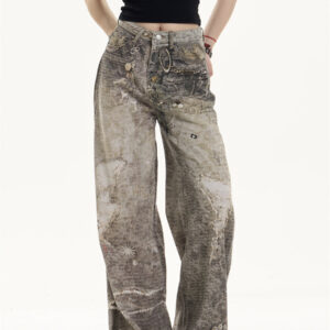 retro washed worn jeans loose straight wide leg pants