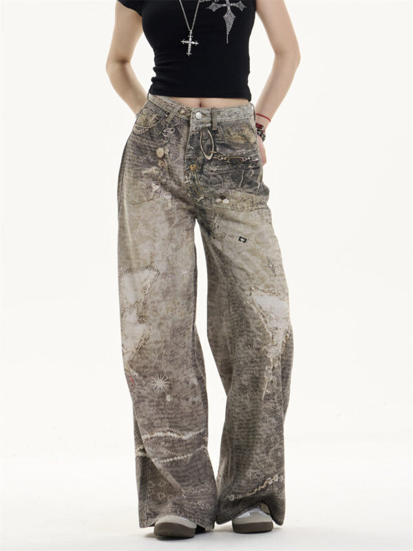 retro washed worn jeans loose straight wide leg pants