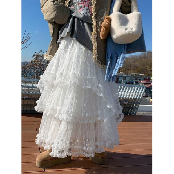 lace stitching high waist mid length skirt