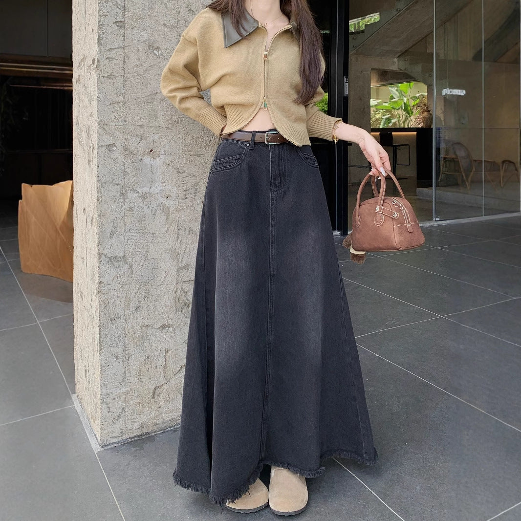 spring and autumn korean style high waist denim midi skirt women's retro washed frayed edges spring and autumn korean style high waist denim midi skirt women's retro washed frayed edges