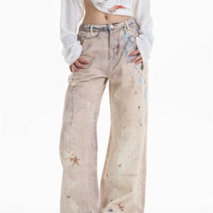 retro chain print worn jeans women's straight wide leg pants