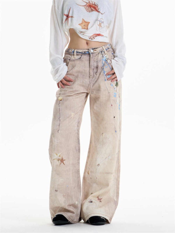 retro chain print worn jeans women's straight wide leg pants