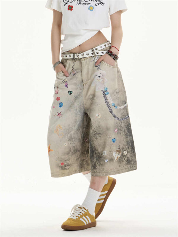creative women's straight loose printed wide leg cropped jeans creative women's straight loose printed wide leg cropped jeans