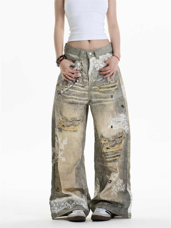 cross printed jeans women's wide leg pants