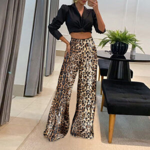 fashion leopard print sequined high waist straight slim fit casual trousers
