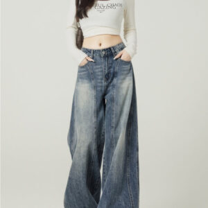 retro blue high street loose wide leg jeans for women