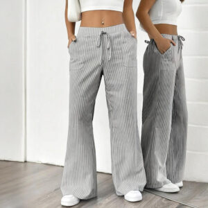 women's striped print straight wide leg pants drawstring waist slant pockets pants casual long pants
