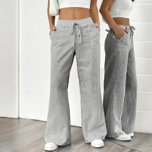 women's striped print straight wide leg pants drawstring waist slant pockets pants casual long pants