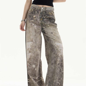 retro washed worn jeans loose straight wide leg pants
