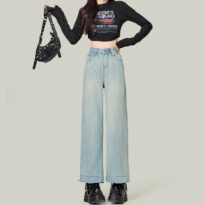 small loose slim retro blue high waist nine points straight jeans