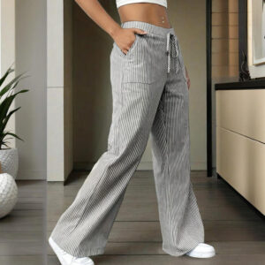 women's striped wide leg pants with pockets & tie waist detail casual minimalist trousers