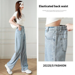 elastic waist straight jeans women's summer thin high wide leg pants