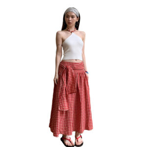 lace up plaid side loose zip skirt