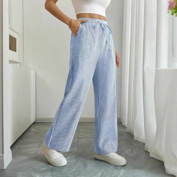 women's striped print straight wide leg pants drawstring waist slant pockets pants casual long pants