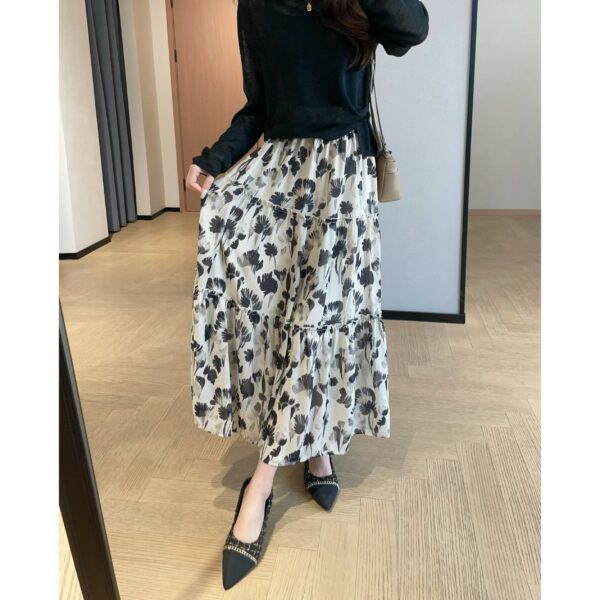 elegant romantic flower in ink straight chiffon printed skirt