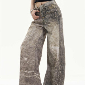 retro washed worn jeans loose straight wide leg pants