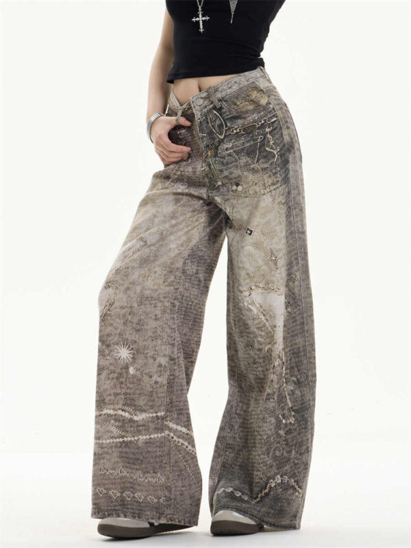 retro washed worn jeans loose straight wide leg pants