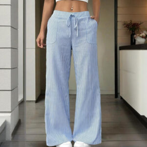 women's striped wide leg pants with pockets & tie waist detail casual minimalist trousers