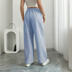 women's striped print straight wide leg pants drawstring waist slant pockets pants casual long pants