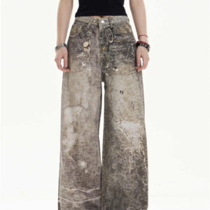retro washed worn jeans loose straight wide leg pants