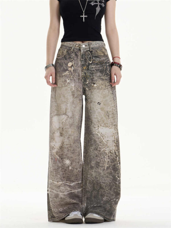 retro washed worn jeans loose straight wide leg pants