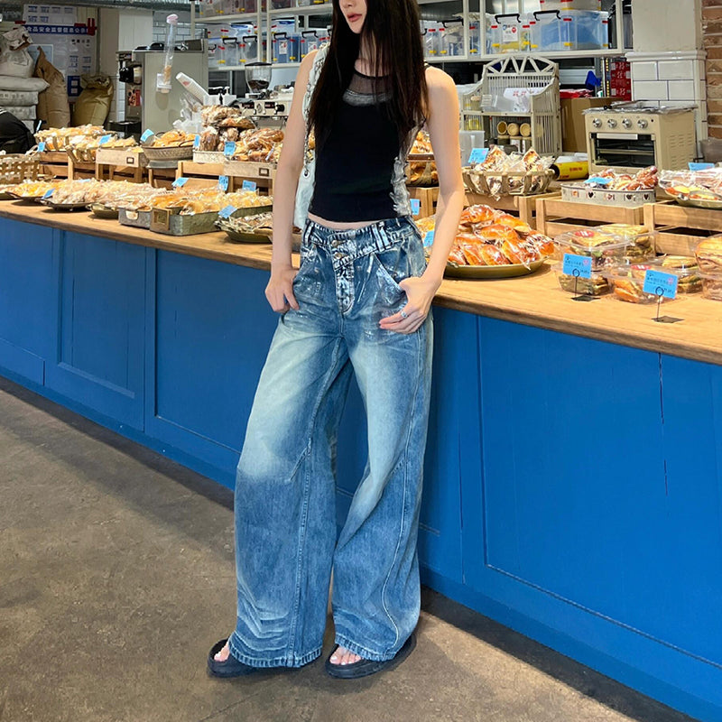 irregular waist straight design sense niche retro distressed lengthened mop pants irregular waist straight design sense niche retro distressed lengthened mop pants