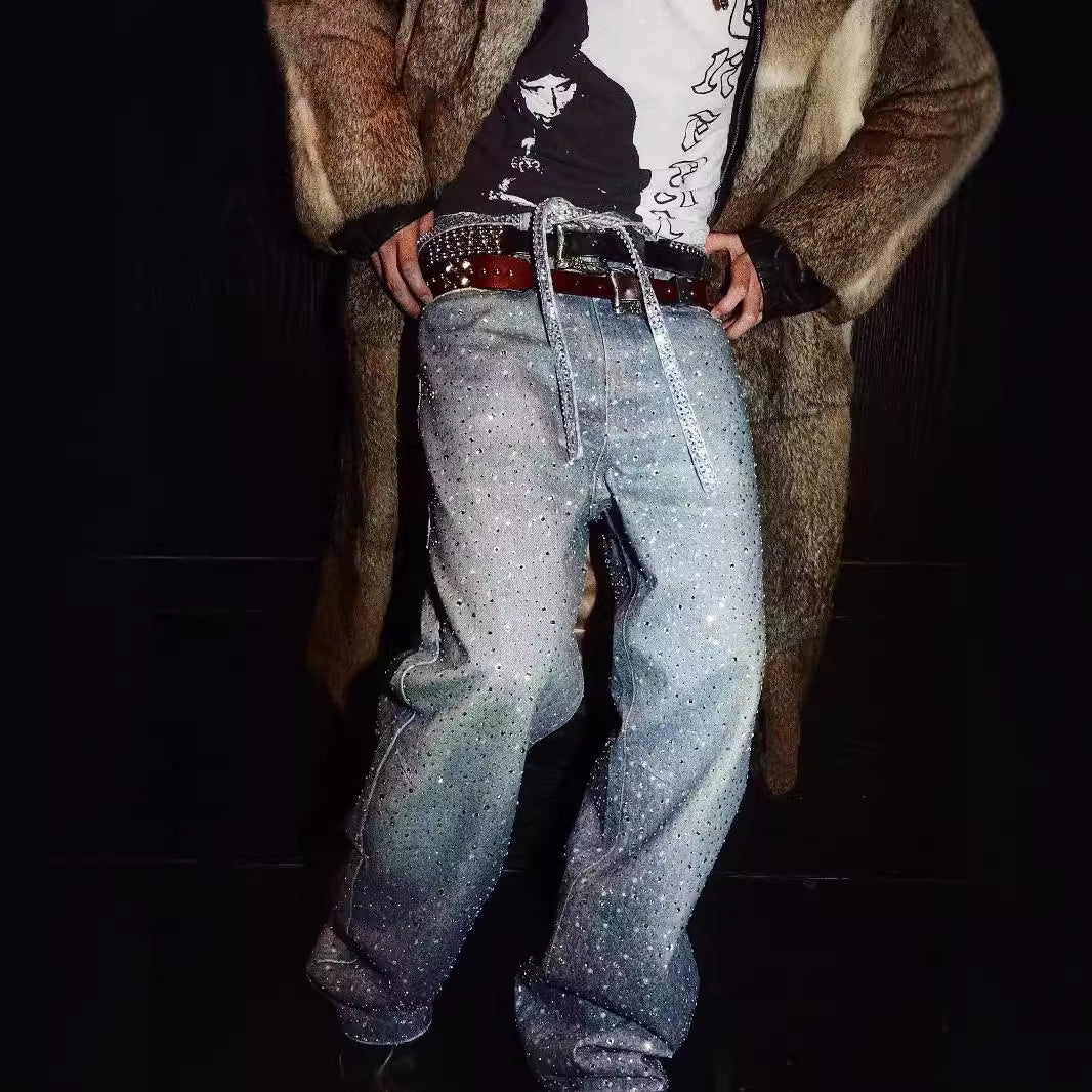 men's washed loose wide leg full diamond printed stacked jeans men's washed loose wide leg full diamond printed stacked jeans