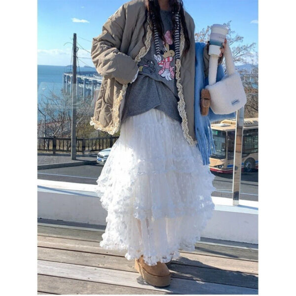 lace stitching high waist mid length skirt