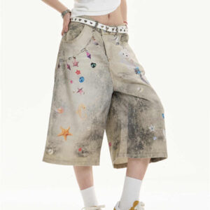 creative women's straight loose printed wide leg cropped jeans