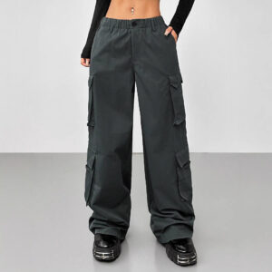 casual pants elastic waist high waist wide leg workwear trousers