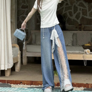 lace stitching rhinestone jeans