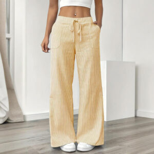women's striped print straight wide leg pants drawstring waist slant pockets pants casual long pants