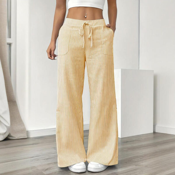women's striped print straight wide leg pants drawstring waist slant pockets pants casual long pants