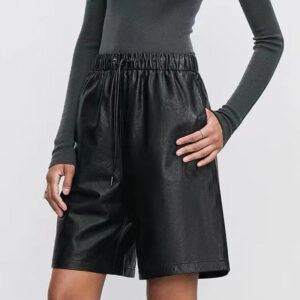 sheepskin elastic waistband all match casual straight leg leather shorts women