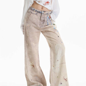 retro chain print worn jeans women's straight wide leg pants