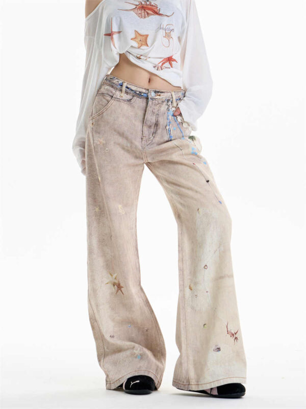 retro chain print worn jeans women's straight wide leg pants
