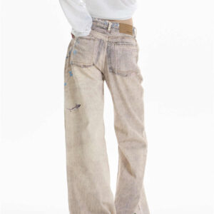 retro chain print worn jeans women's straight wide leg pants