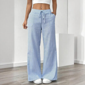 women's striped print straight wide leg pants drawstring waist slant pockets pants casual long pants