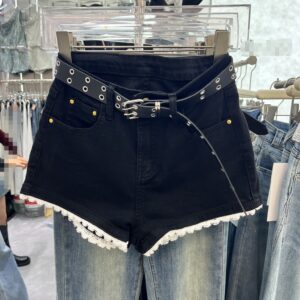 lace edge stitching sweet chic denim shorts