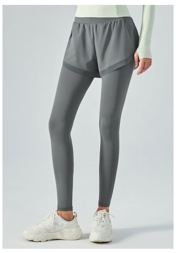 elastic high waist anti exposure fake two pieces mesh leggings