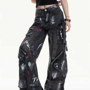 multi pocket workwear jeans women's loose wide leg pants