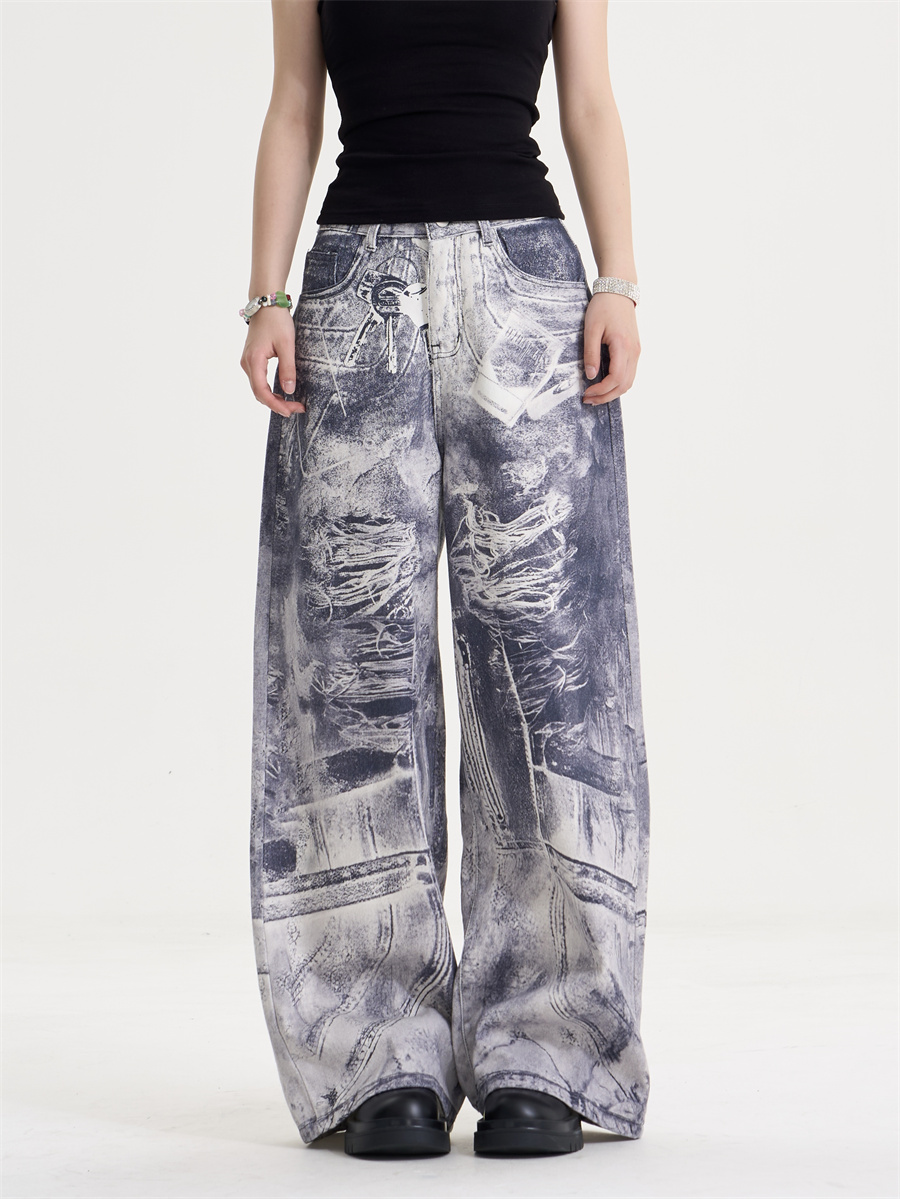 American Style Retro Washed Distressed Printed Gradient Jeans Women's Loose Straight 80197985 Bfd0 4593 8a12 3c0a803096c3