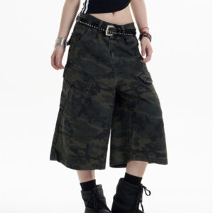 retro camouflage workwear cropped pants for women wide leg casual pants