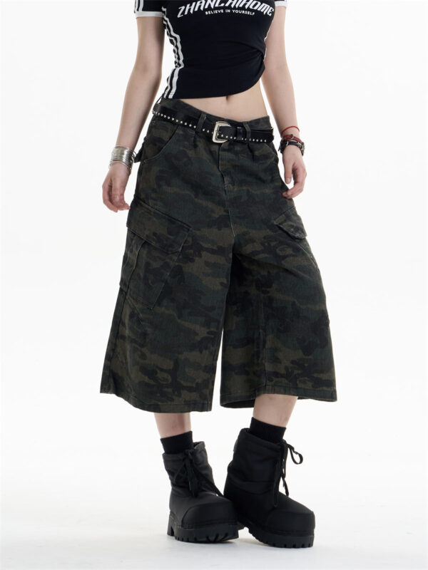 retro camouflage workwear cropped pants for women wide leg casual pants