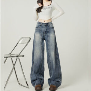 retro blue high street loose wide leg jeans for women