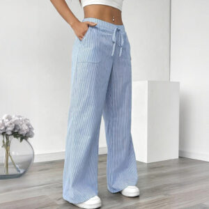 women's striped print straight wide leg pants drawstring waist slant pockets pants casual long pants