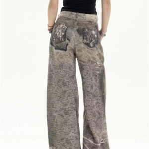 retro washed worn jeans loose straight wide leg pants