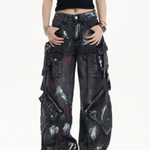 multi pocket workwear jeans women's loose wide leg pants