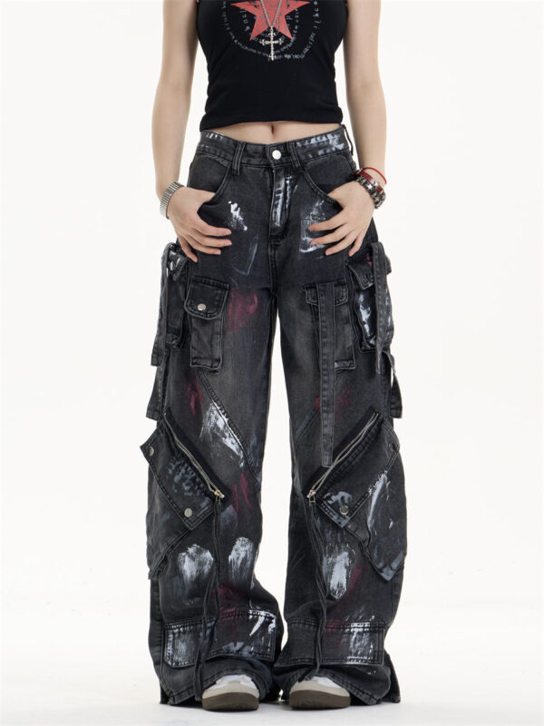 multi pocket workwear jeans women's loose wide leg pants