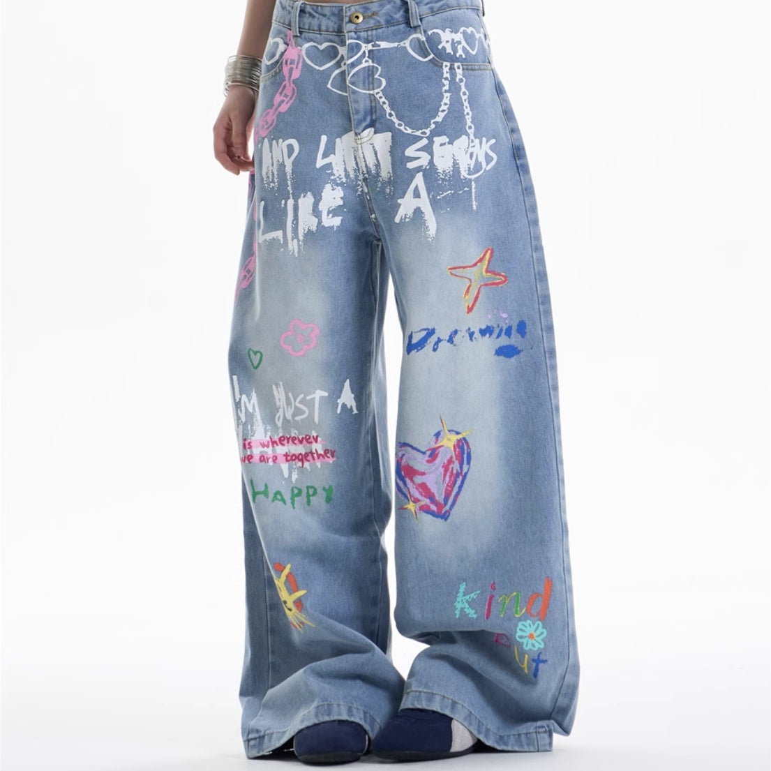 waist chain printed jeans women's straight wide leg pants waist chain printed jeans women's straight wide leg pants